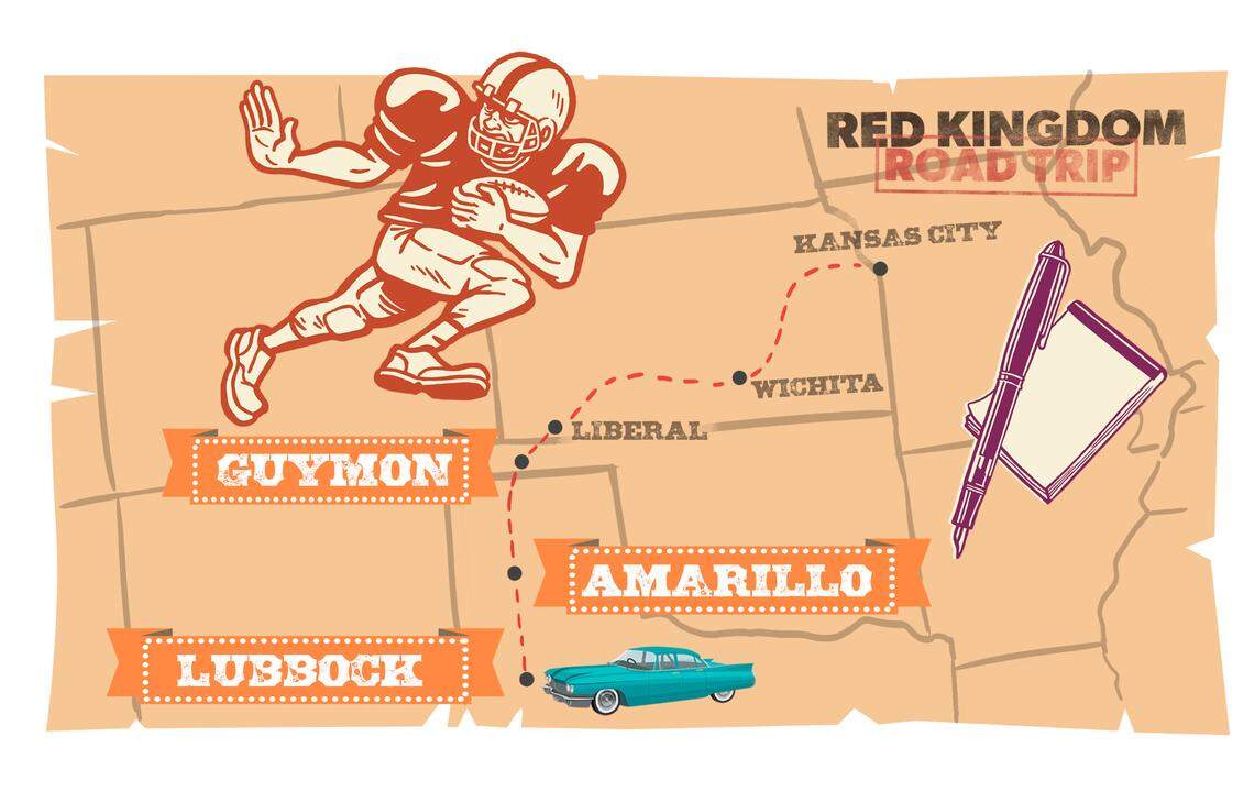 A map showing The Star's Red Kingdom Road Trip route from from Kansas City to Lubbock, Texas. 