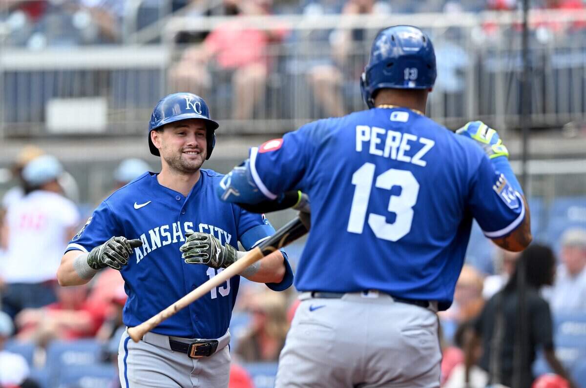 Royals centerfielder Lane Thomas, left, celebrates his third-inning home run with Kansas City teammate Salvador Perez during a game against the Washington Nationals at Nationals Park in Washington, DC. on Wednesday, June 17, 2026.
