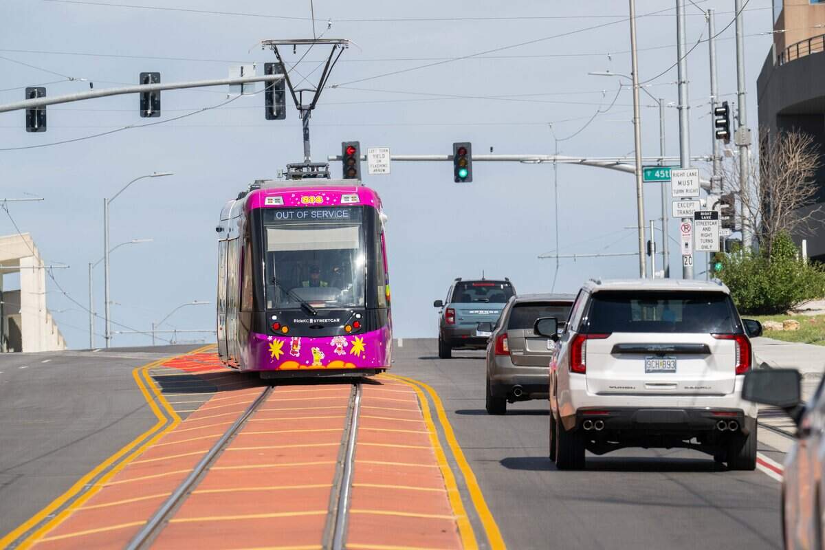 The KC streetcar does a test run on the Main Street extension headed toward UMKC, on Monday, Oct. 6, 2025, in Kansas City.