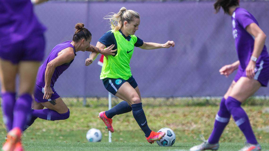 Amy Rodriguez maneuvers the ball for her KC NWSL team Wednesday at Orlando, where the visitors prevailed 1-0 in their official preseason opener.