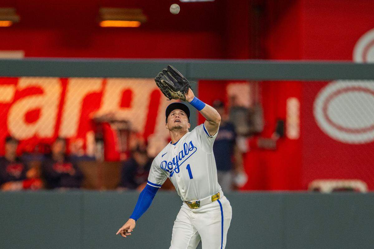 Kansas City Royals left fielder Isaac Collins catches a fly ball hit by a Boston Red Sox batter on Wednesday, May 20, 2026, at Kauffman Stadium.