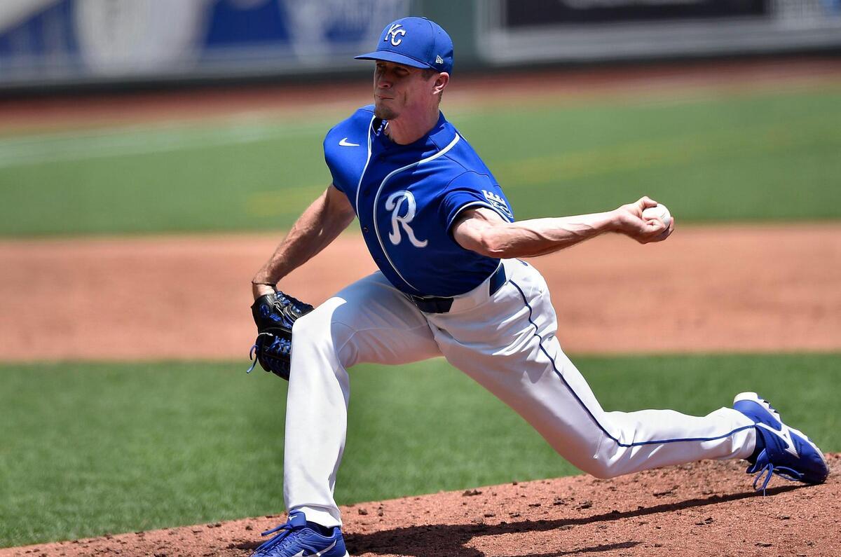 Tim Hill pitches during an intrasquad game at the Kansas City Royals spring training 2.0 at Kauffman Stadium Monday, July 7, 2020.