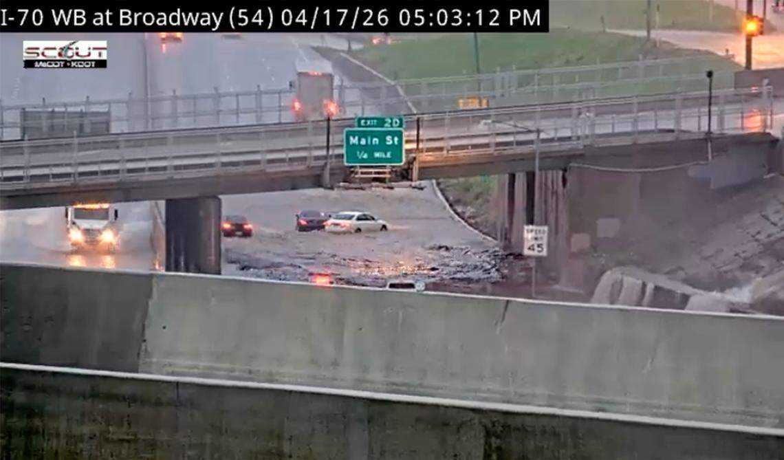 Scout cameras captured flooding on Interstate 35 off the Broadway Boulevard exit on Friday, April 17, around 5 p.m. in Kansas City.