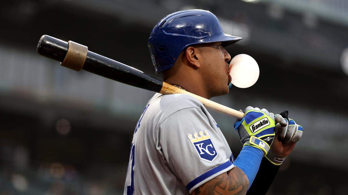 CHICAGO, ILLINOIS - MAY 12: Salvador Perez #13 of the Kansas City Royals blows a bubble while waiting to bat during the third inning against the Chicago White Sox at Rate Field on May 12, 2026 in Chicago, Illinois. (Photo by Geoff Stellfox/Getty Images)