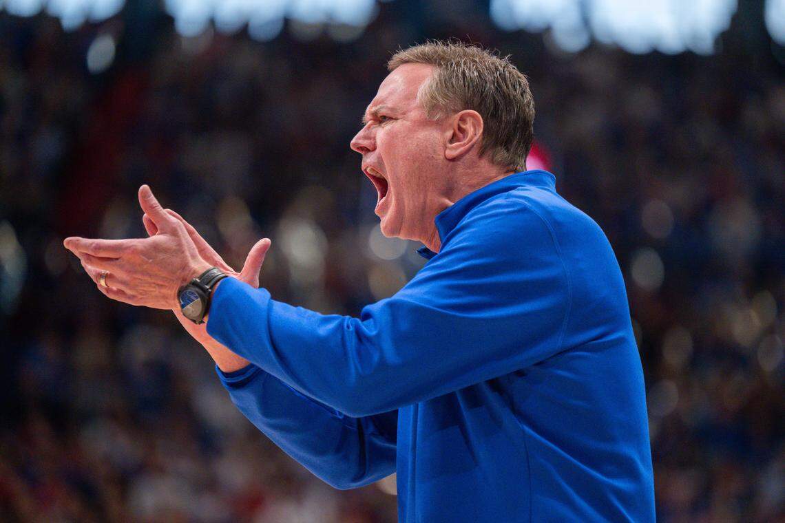 Kansas Jayhawks head coach Bill Self shouts toward the referees in the first half vs. the Utah Utes on Saturday, February 7, 2026, at Allen Fieldhouse.