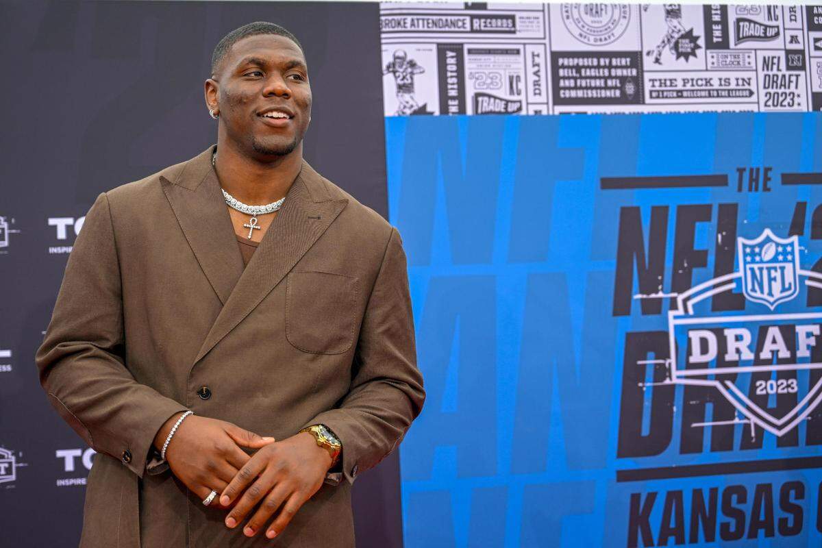 NFL Draft prospect Keion White, Georgia Tech defensive lineman, on the Red Carpet on the Memorial Courtyard before the first round of the NFL Draft on Thursday, April 27, 2023, at the National WWI Museum and Memorial.