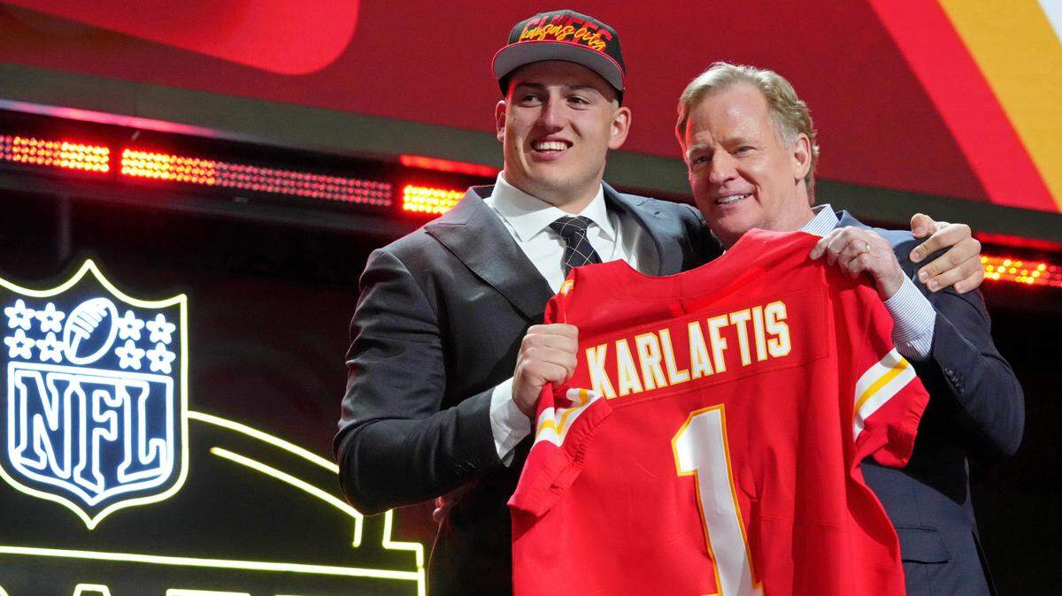 Apr 28, 2022; Las Vegas, NV, USA; Purdue defensive end George Karlaftis with NFL commissioner Roger Goodell after being selected as the thirtieth overall pick to the Kansas City Chiefs during the first round of the 2022 NFL Draft at the NFL Draft Theater. Mandatory Credit: Kirby Lee-USA TODAY Sports