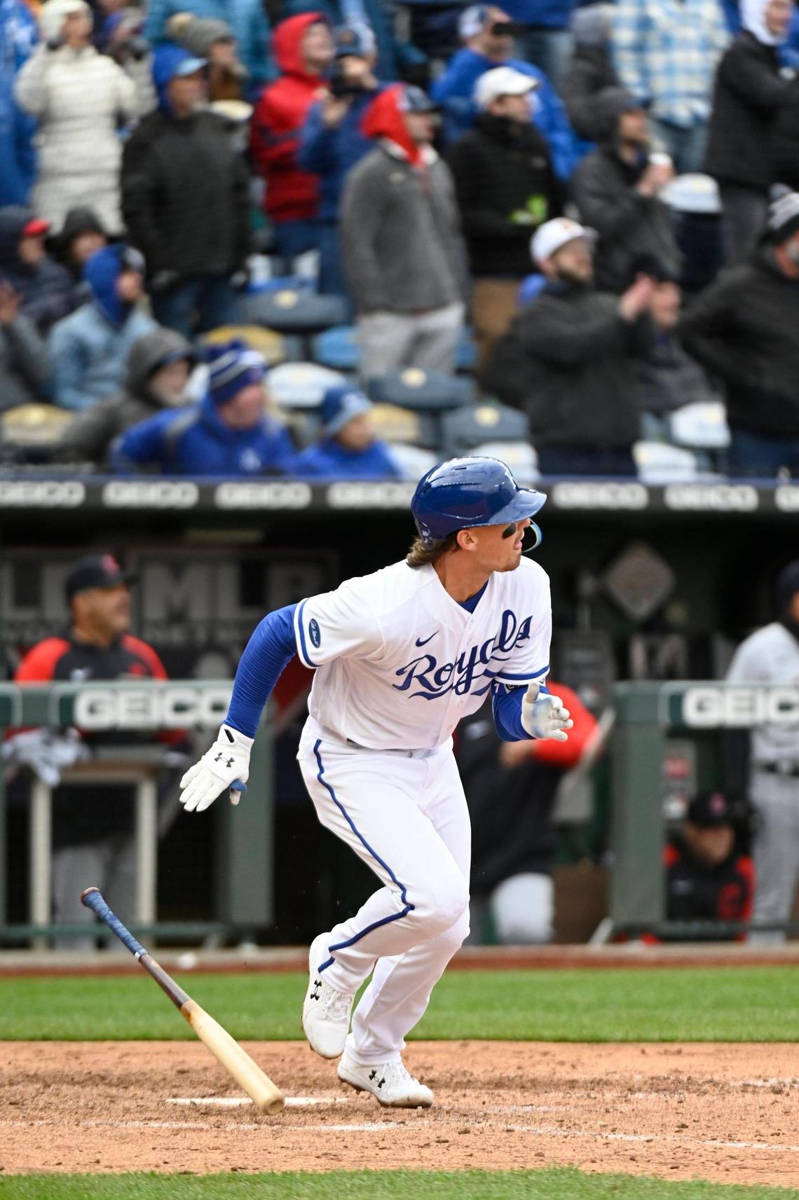 Making his MLB debut, Kansas City Royals infielder Bobby Witt Jr. watch the ball after he belts out a hit and knocks in the game winning run against the Cleveland Guardians in the season opener Thursday, April 7, 2022, at Kauffman Stadium in Kansas City.