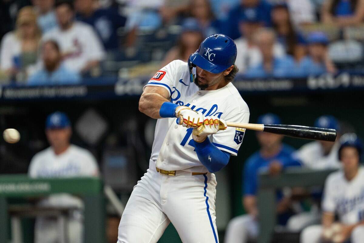 Royals first baseman Jac Caglianone takes a swing during KC’s 14-6 win against the St. Louis Cardinals at Kauffman Stadium in Kansas City on Thursday, June 18, 2026.