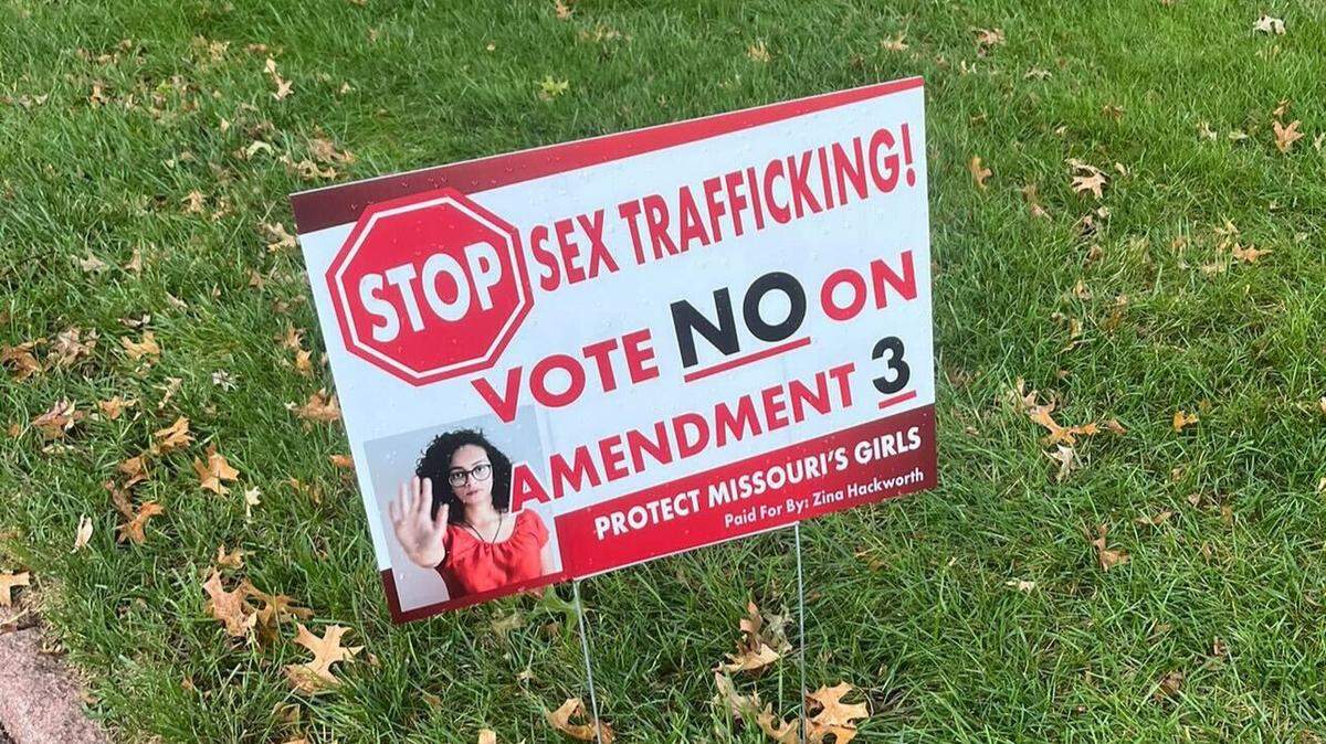 An lawn sign opposing Missouri’s Amendment 3, paid for by anti-abortion activist Zina Hackworth, is seen in Ladue, Missouri in this reader-submitted photo.