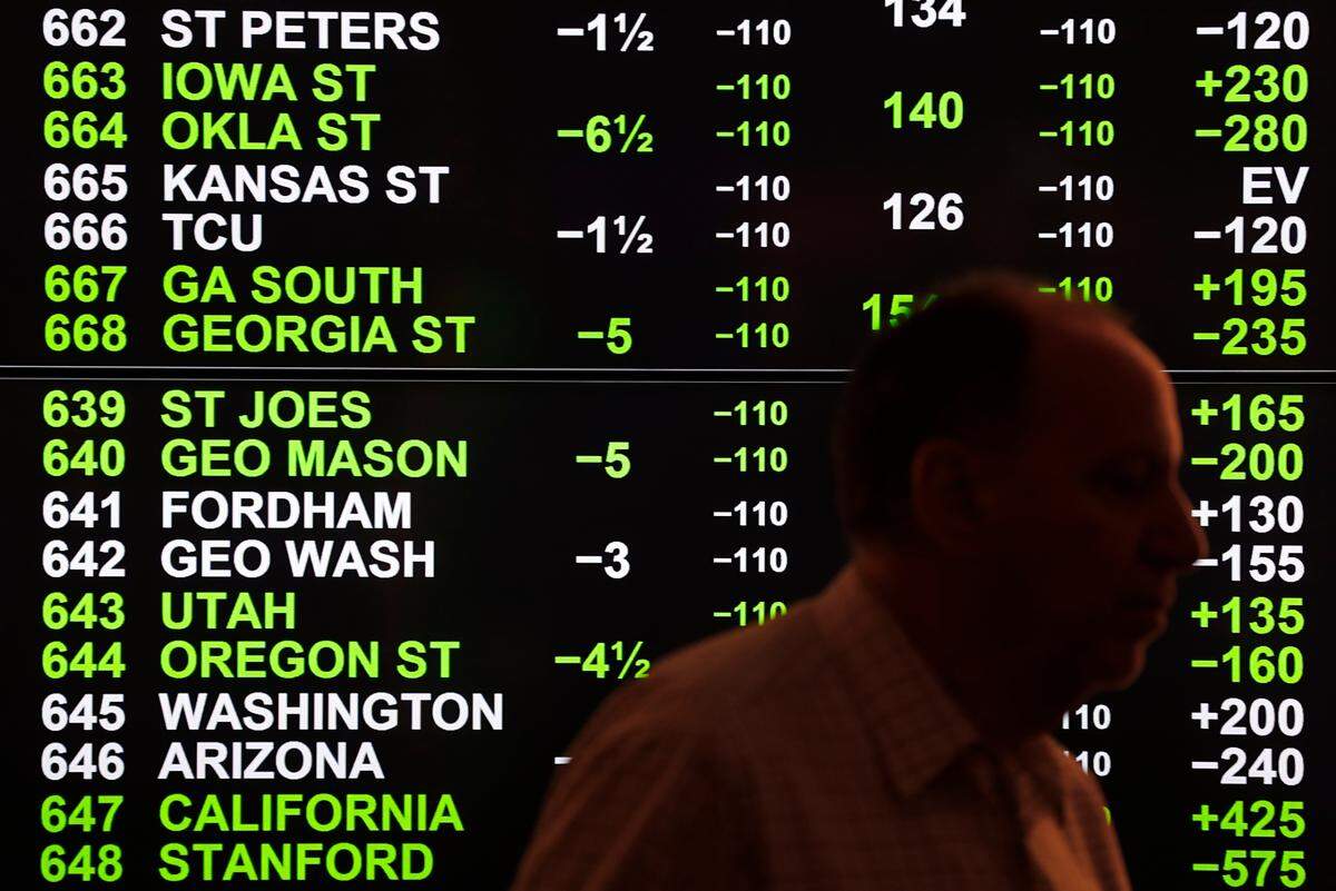 Odds for college basketball are shown during the launch of legalized sports betting in Michigan on March 11, 2020, at the MGM Grand Detroit casino sports book in Detroit.