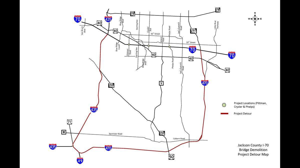 When a stretch of Interstate 70 closes for a weekend in early June, traffic will be detoured to the south along Interstates 470 and 435. Crews are closing I-70 for the demolition of the Crysler Avenue, Pittman Road and Phelps Road bridges over the interstate in Kansas City and Independence.