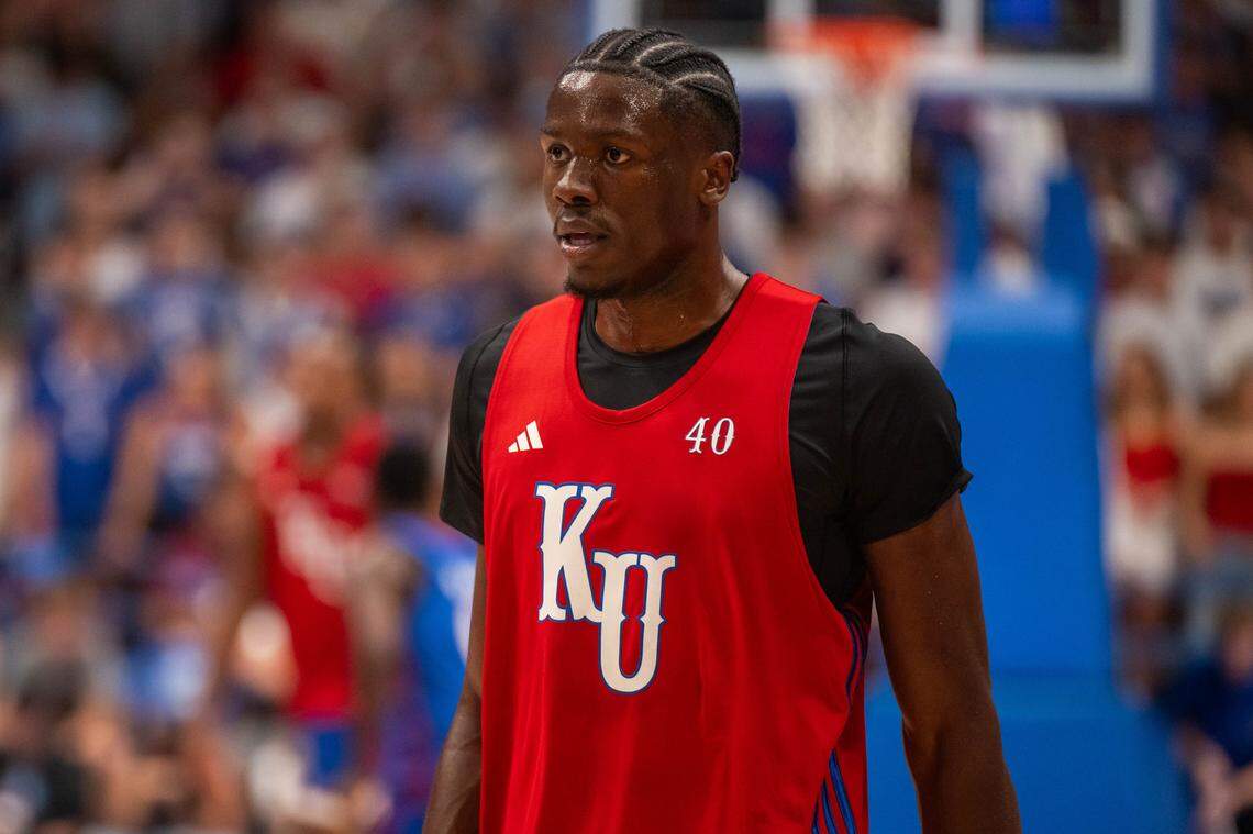 Kansas Jayhawks forward Flory Bidunga during the men's scrimmage at Late Night in the Phog, on Friday, October 17, 2025, in Lawrence.
