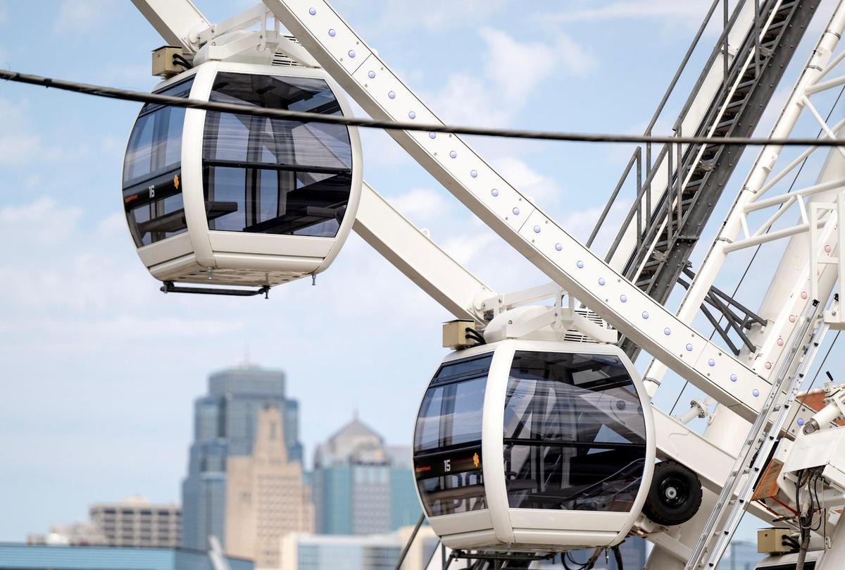 Work continues on the KC Wheel, a 150-foot tall ferris wheel with 36 climate-controlled gondolas, on Tuesday, Sept. 26, 2023, in Kansas City.