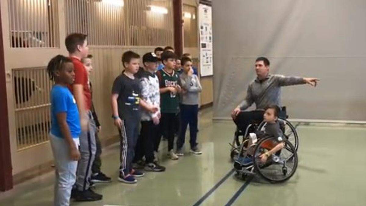 Students at Longview Farm Elementary learned about the challenges of wheelchair basketball from fellow classmate Isaac Murdock, who uses a wheelchair, and former Mizzou wheelchair basketball athletes as a part of an educational program put on by Midwest Adaptive Sports.
