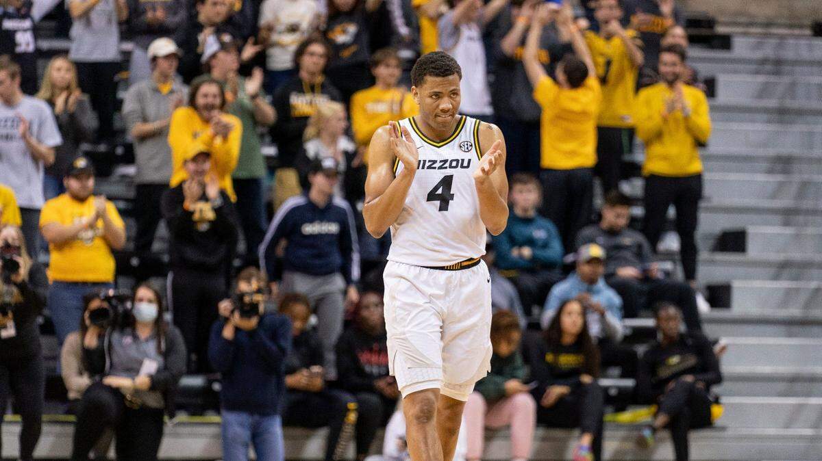 Missouri’s Javon Pickett claps as he watches the final seconds tick off the clock during the second half of an NCAA college basketball game against Northern Illinois, Thursday, Nov. 18, 2021, in Columbia, Mo. Missouri won 54-37. (AP Photo/L.G. Patterson)