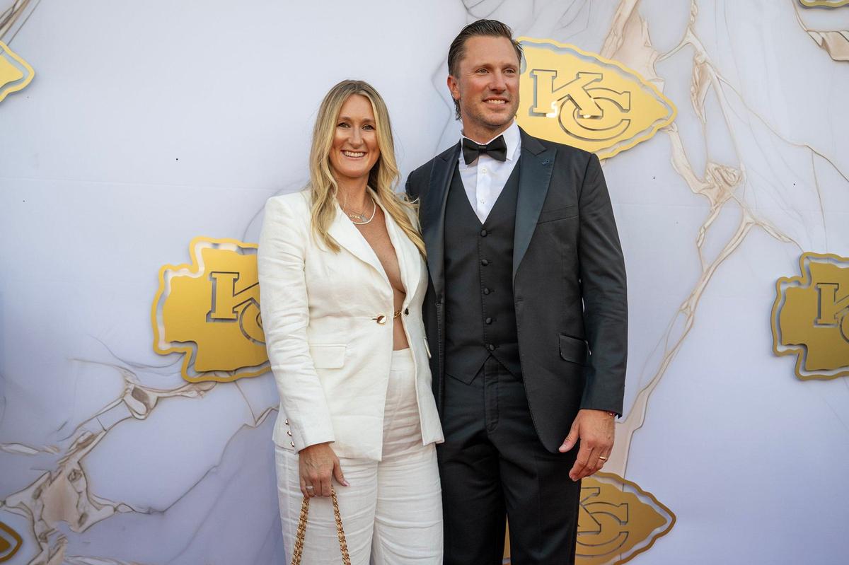 Chiefs backup quarter Blaine Gabbert and his wife Bekah Mills on the red carpet before the Super Bowl LVIII championship ring presentation event.