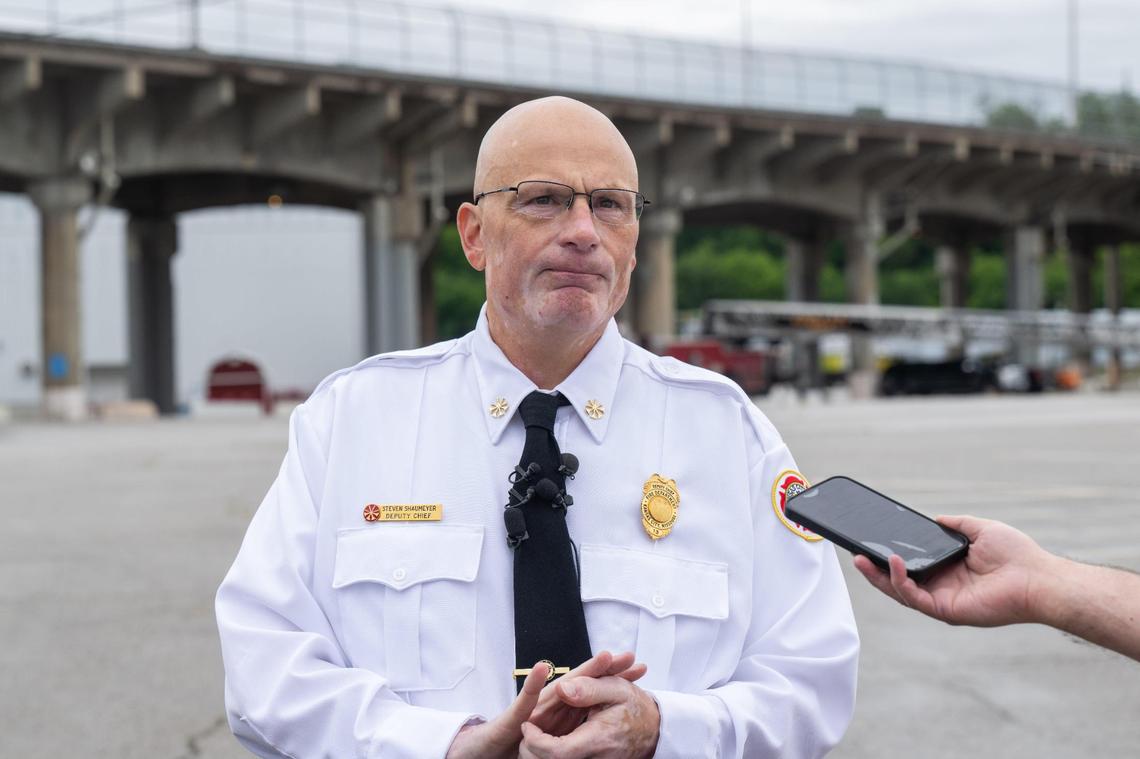 KCFD Deputy Chief Steven Shaumeyer speaks with media in Kansas City on Thursday, May 29, 2025. The Kansas City Fire Department held a public training event to showcase their new driver training program.
