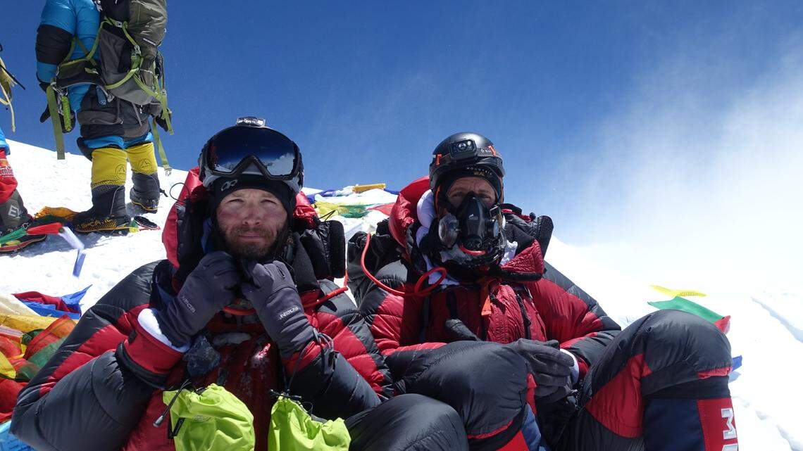 Becker and climbing partner Daniel Wehrly enjoy the view from the top of Everest.