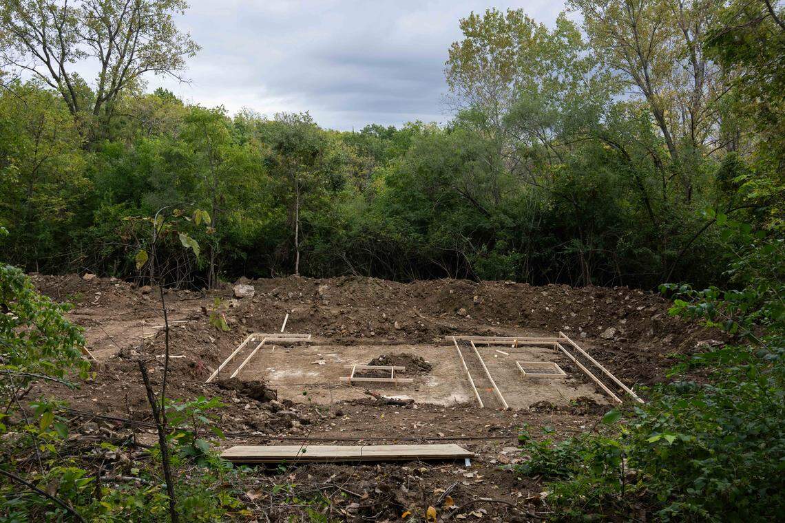 Foundations were being prepared on Thursday, Oct. 9, 2025 at a dual lot that Fran Sutton is developing. Sutton, a real estate broker-turned-developer in Kansas City, Kansas, is trying to address a local housing shortage by tapping into vacant and abandoned lots that KCK has in its land bank.