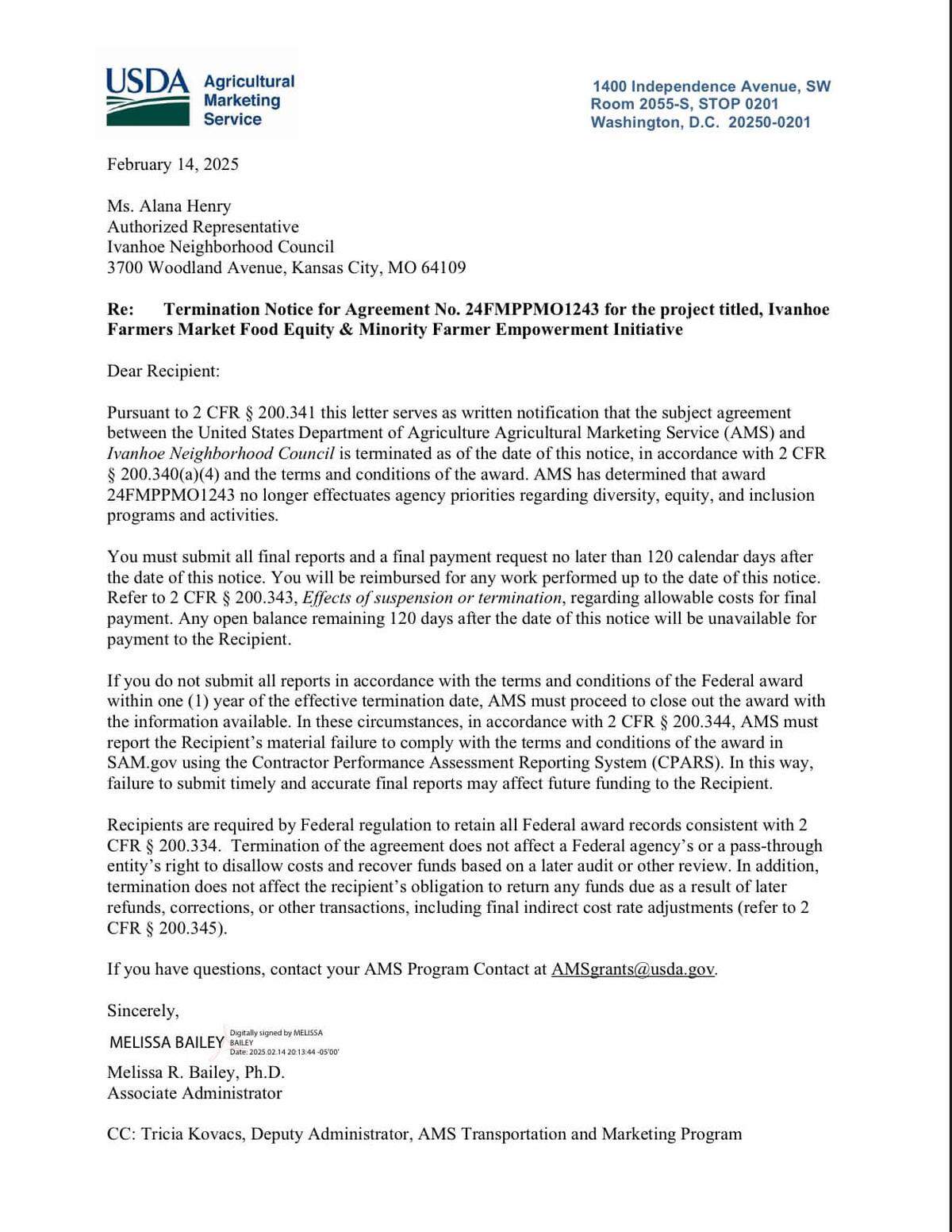 USDA letter canceling grant to the Ivanhoe Neighborhood Council.