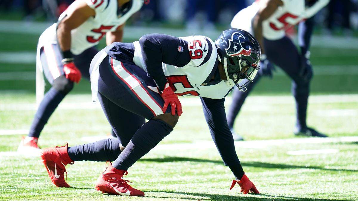 Houston Texans’ Whitney Mercilus (59) in action during the first half of an NFL football game against the Indianapolis Colts, Sunday, Oct. 17, 2021, in Indianapolis. (AP Photo/Michael Conroy)