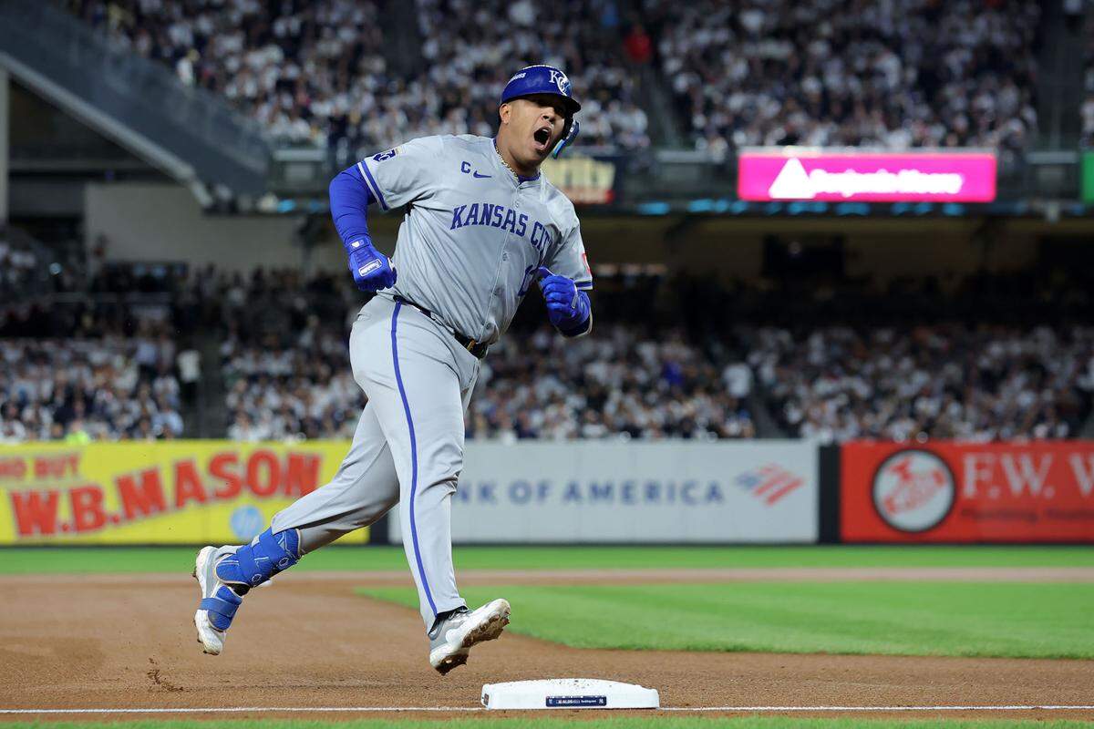 Kansas City Royals catcher Salvador Perez (13) runs the bases after a solo home run against the New York Yankees in the fourth inning during at Yankee Stadium on Oct. 7, 2024.