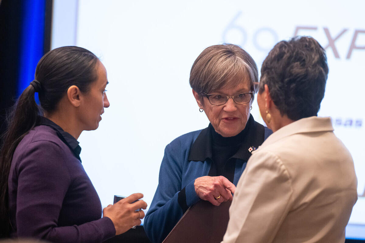 Kansas Gov. Laura Kelly speaks with U.S. Rep. Sharice Davids at the ribbon cutting ceremony for the opening of new US-69 Highway Express Lane, on Tuesday, February 17, 2026, in Overland Park.