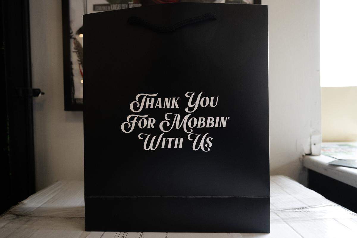 A shopping bag sits on a table at Made Mobb on Wednesday, March 18, 2026, in Kansas City.