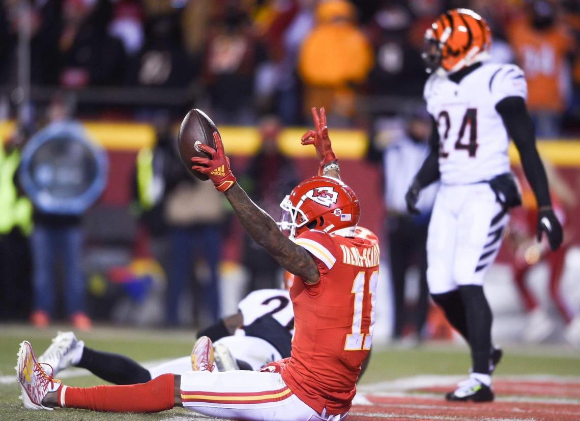 Kansas City Chiefs wide receiver Marquez Valdes-Scantling celebrates after catching a pass for a touchdown in the third quarter against the Cincinnati Bengals during the AFC Championship Game Sunday, Jan. 29, 2023, at GEHA Field at Arrowhead Stadium.