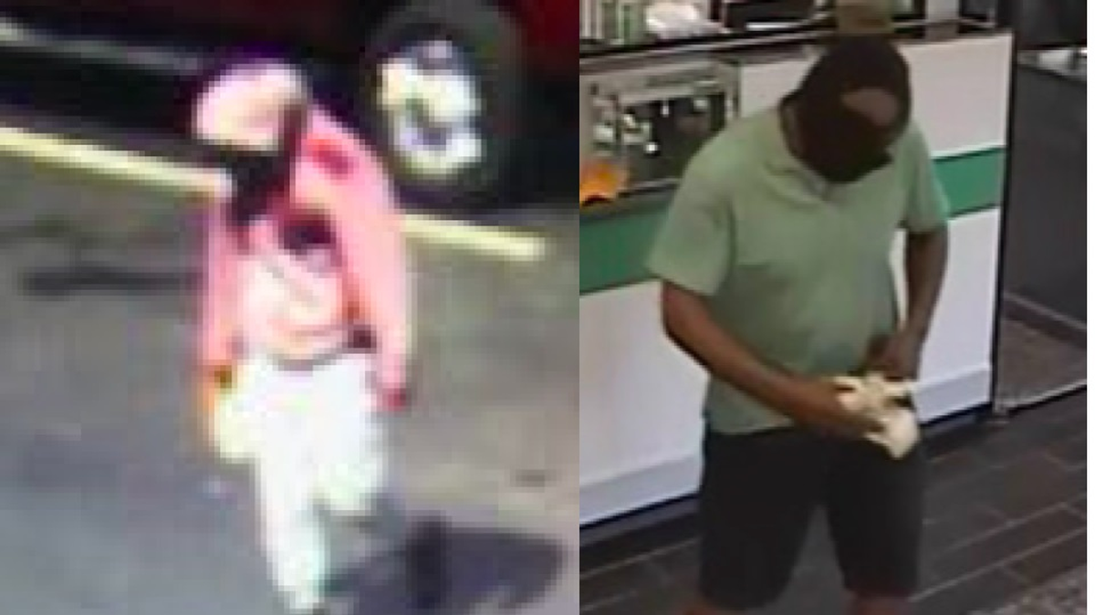 Authorities are searching for these two suspects suspected of an attempted robbery in Independence (left) and robbery in Kansas City (right).