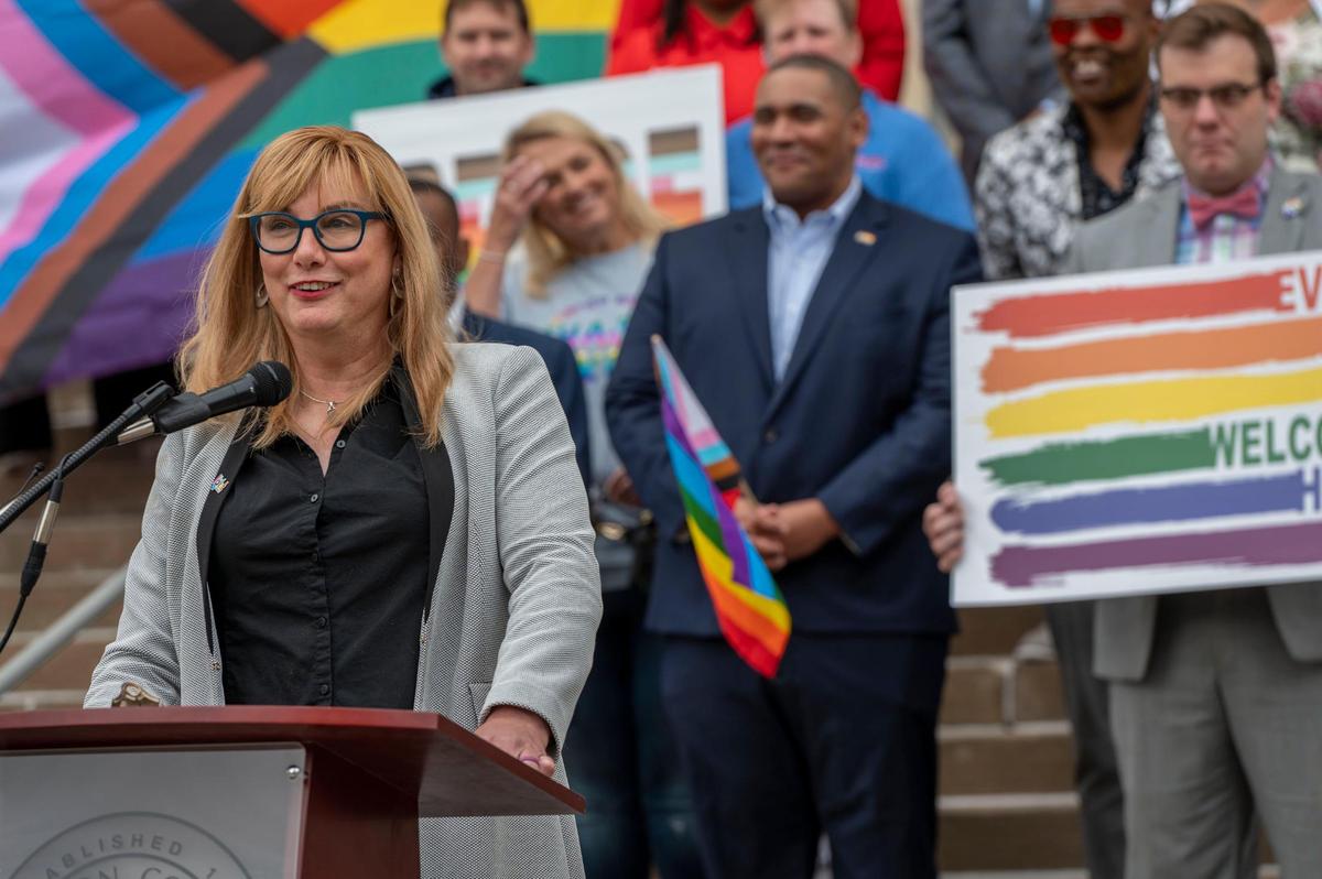 Suzanne Wheeler, executive director for the Mid-America LGBT Chamber of Commerce, speaks during a celebratory kickoff to Pride Month on Wednesday, June 1, 2022, at the Jackson County Courthouse in Kansas City.