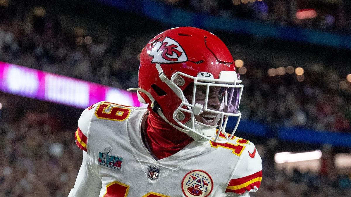 Kansas City Chiefs wide receiver Kadarius Toney (19) celebrates a touchdown against the Philadelphia Eagles during the Super Bowl LVII football game on Sunday, Feb. 12, 2023, in Glendale, Ariz.