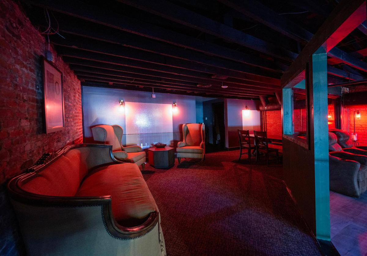 In Good Company, a new membership cocktail bar, features a loft area with a living room-like space at 1518 McGee St, in the Crossroads Arts District in Kansas City.