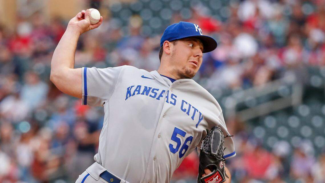 Kansas City Royals starting pitcher Brad Keller throws to a Minnesota Twins batter during the first inning of a baseball game Friday, May 27, 2022, in Minneapolis. (AP Photo/Bruce Kluckhohn)