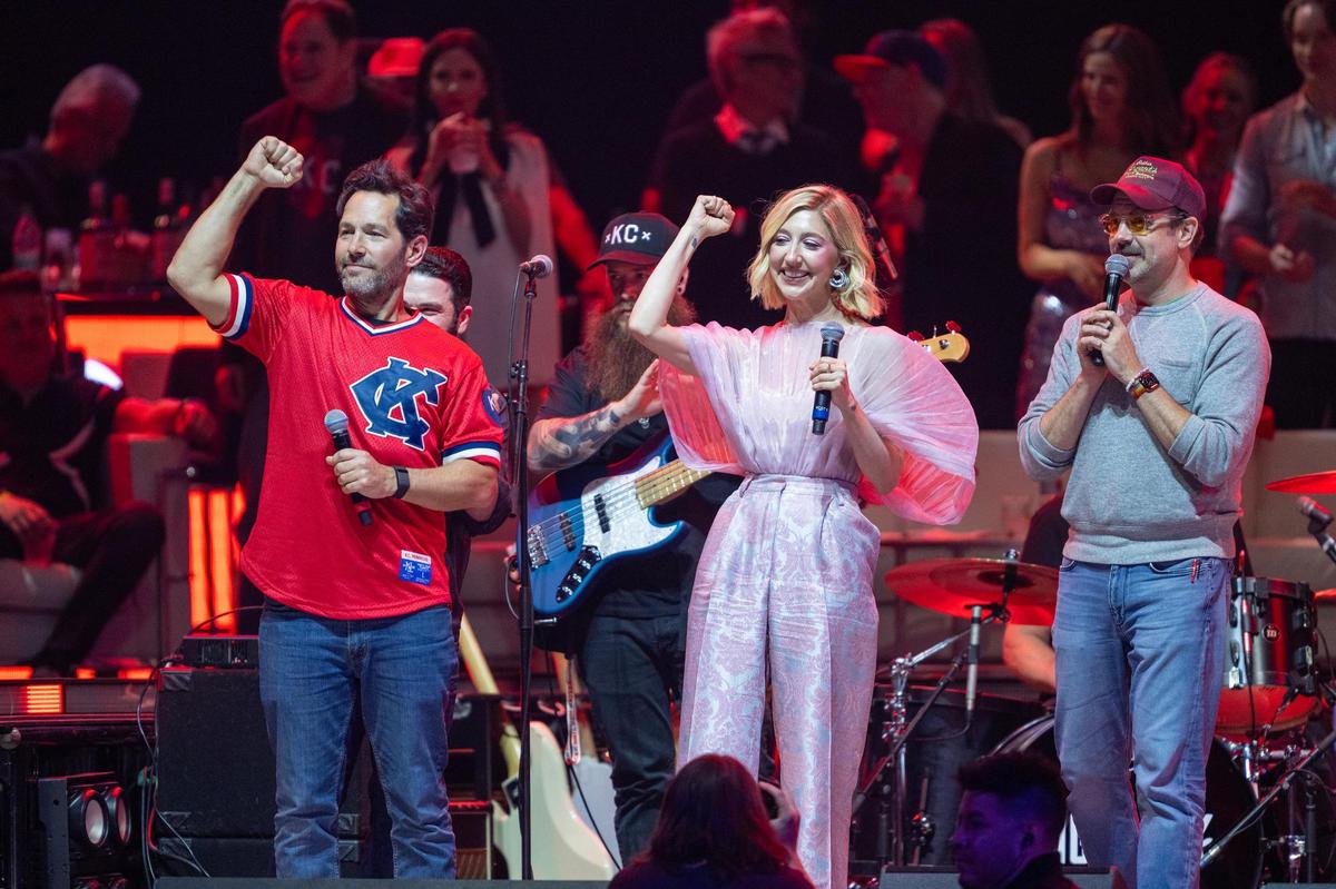 Hosts Paul Rudd, Heidi Gardner and Jason Sudeikis on stage at the Big Slick Show on Saturday, May 31, 2025, at the T-Mobile Center in Kansas City.