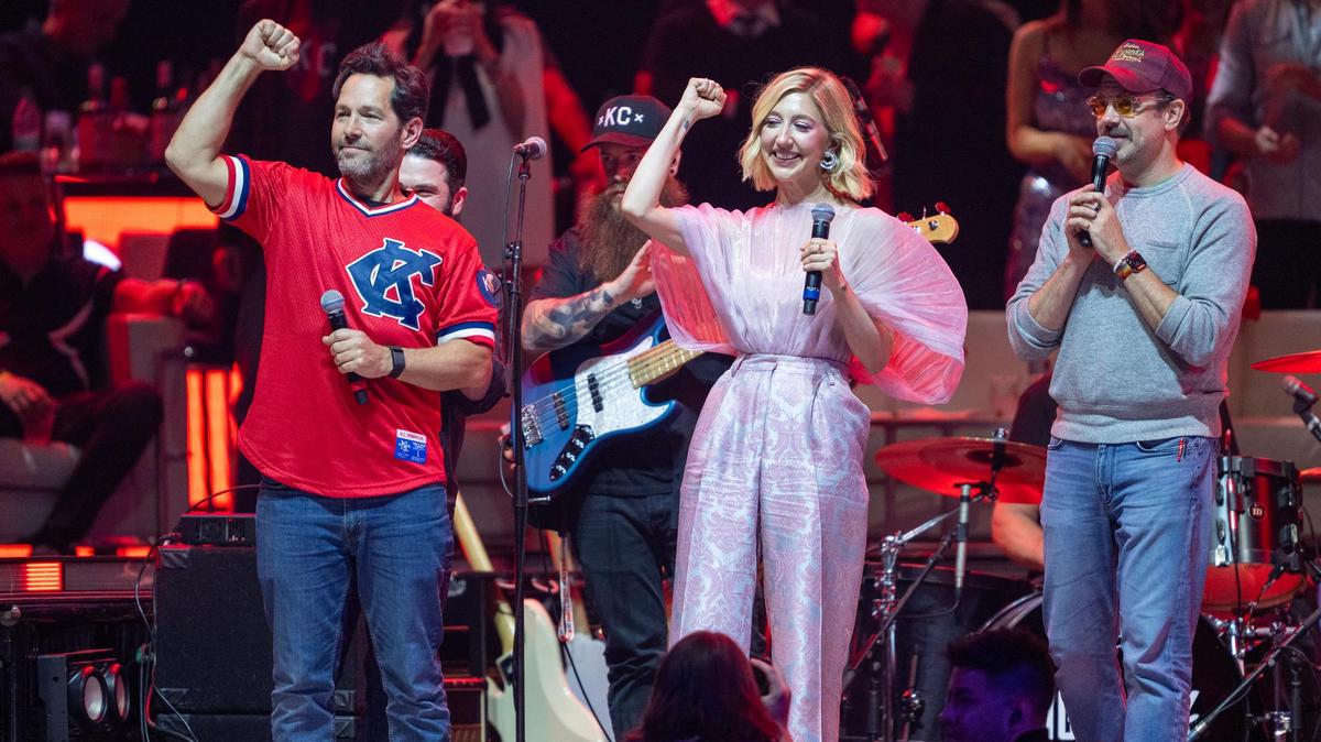 Hosts Paul Rudd, Heidi Gardner and Jason Sudeikis on stage at the Big Slick Show on Saturday, May 31, 2025, at the T-Mobile Center in Kansas City.