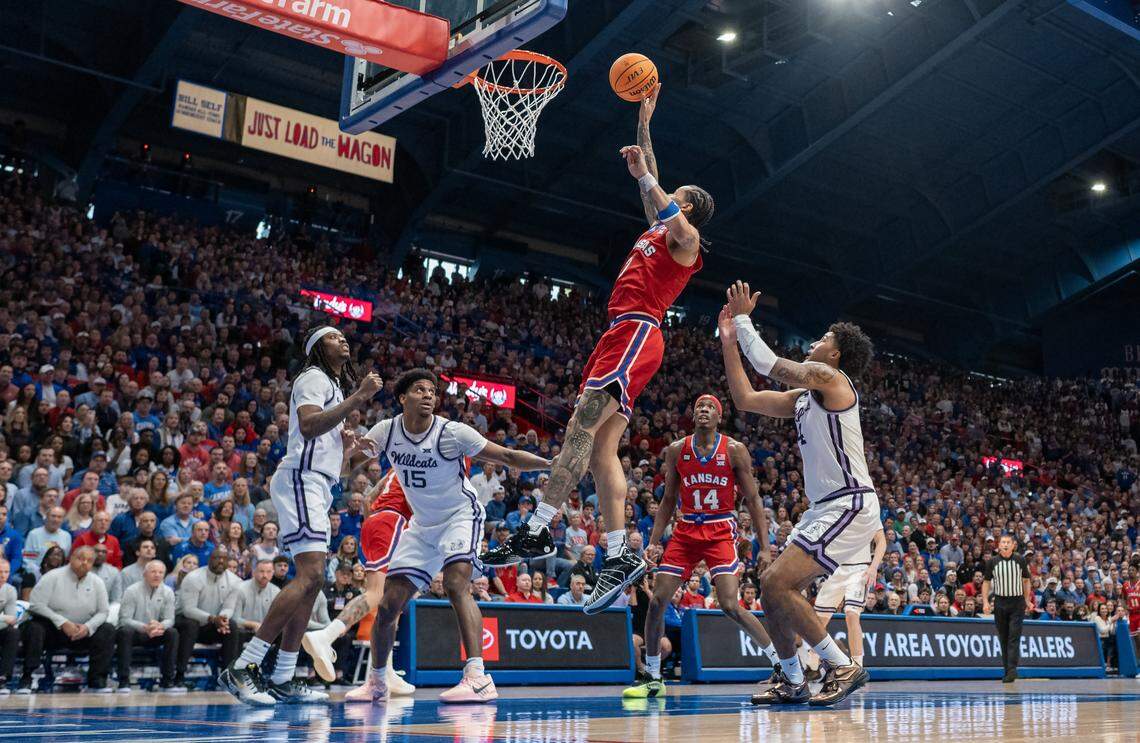 Kansas Jayhawks guard Tre White (3) shoots against the Kansas State Wildcats in the first half at Allen Fieldhouse on Saturday, March 7, 2026, in Lawrence, Kansas.