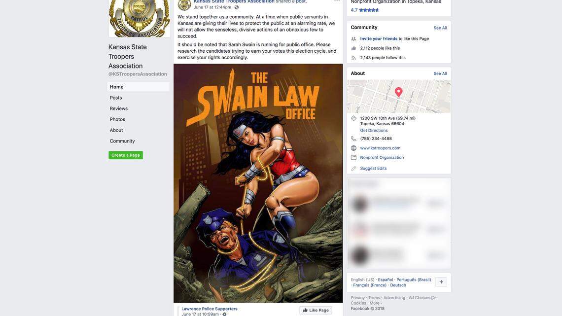 The Kansas State Troopers Association criticized Sarah Swain, Democratic candidate for attorney general, over an image meant to advertise her Lawrence law firm that shows Wonder Woman with her lasso wrapped around a police officer's neck.