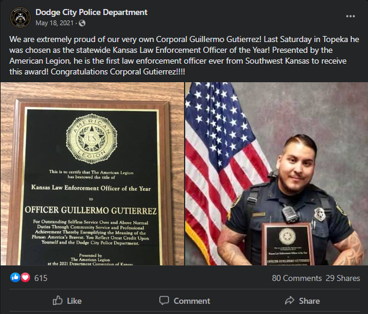 In May 2021, the Dodge City Police Department shared a Facebook post announcing an award given to former Officer Guillermo Gutierrez by The American Legion as its Kansas Law Enforcement Officer of the Year. In October 2022, Gutierrez was indicted by a Ford County grand jury on charges of rape and sexual assault.