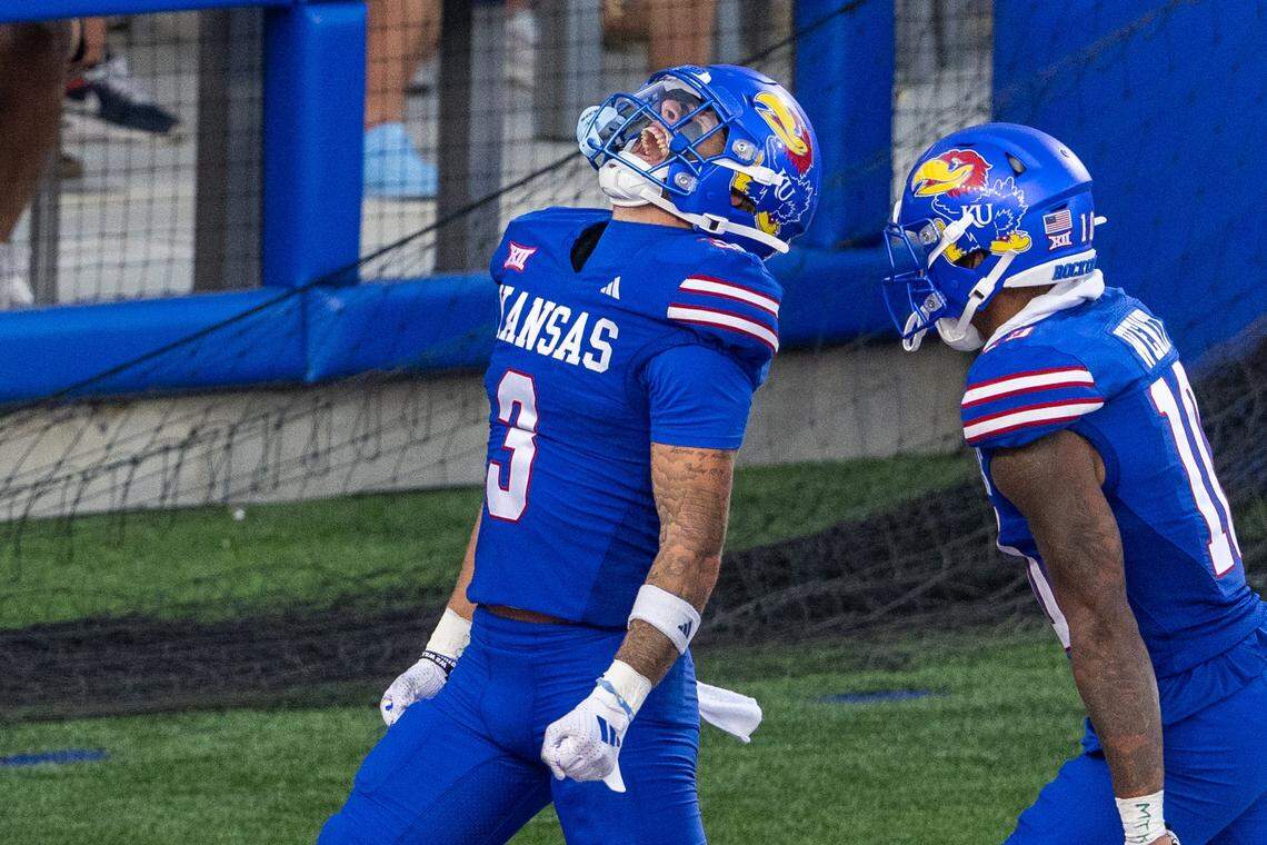 Kansas Jayhawks wide receiver Keaton Kubecka (3) screams after scoring a touchdown in the second half of the Jayhawks game vs. the Fresno State Bulldogs on Saturday, Aug. 23, 2025, at David Booth Kansas Memorial Stadium, in Lawrence.