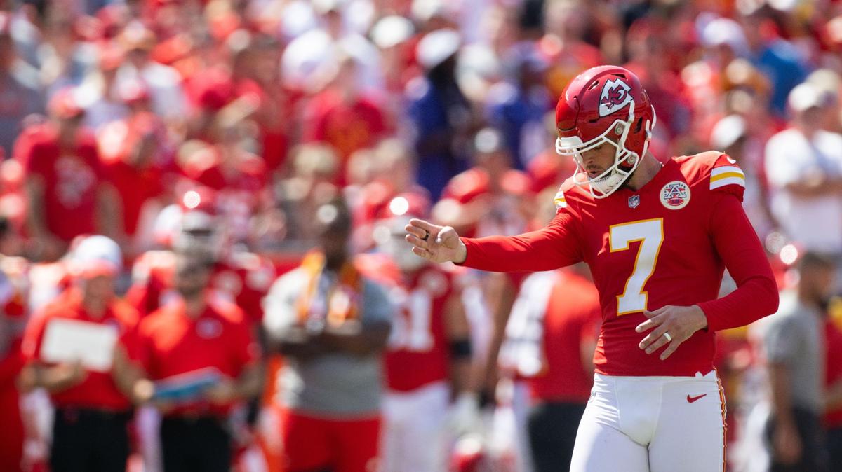Kansas City Chiefs kicker Harrison Butker lines up for a field goal during the first quarter of the preseason game Saturday, Aug. 17, 2024, against the Detroit Lions at GEHA Field at Arrowhead Stadium.