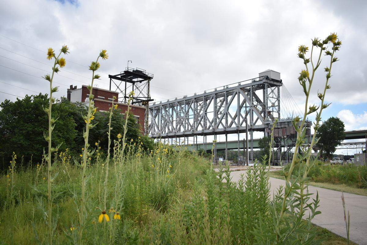 The historic ASB rail bridge over the Missouri River is seen from the Berkley Riverfront walkway on Wednesday, June 26, 2024.