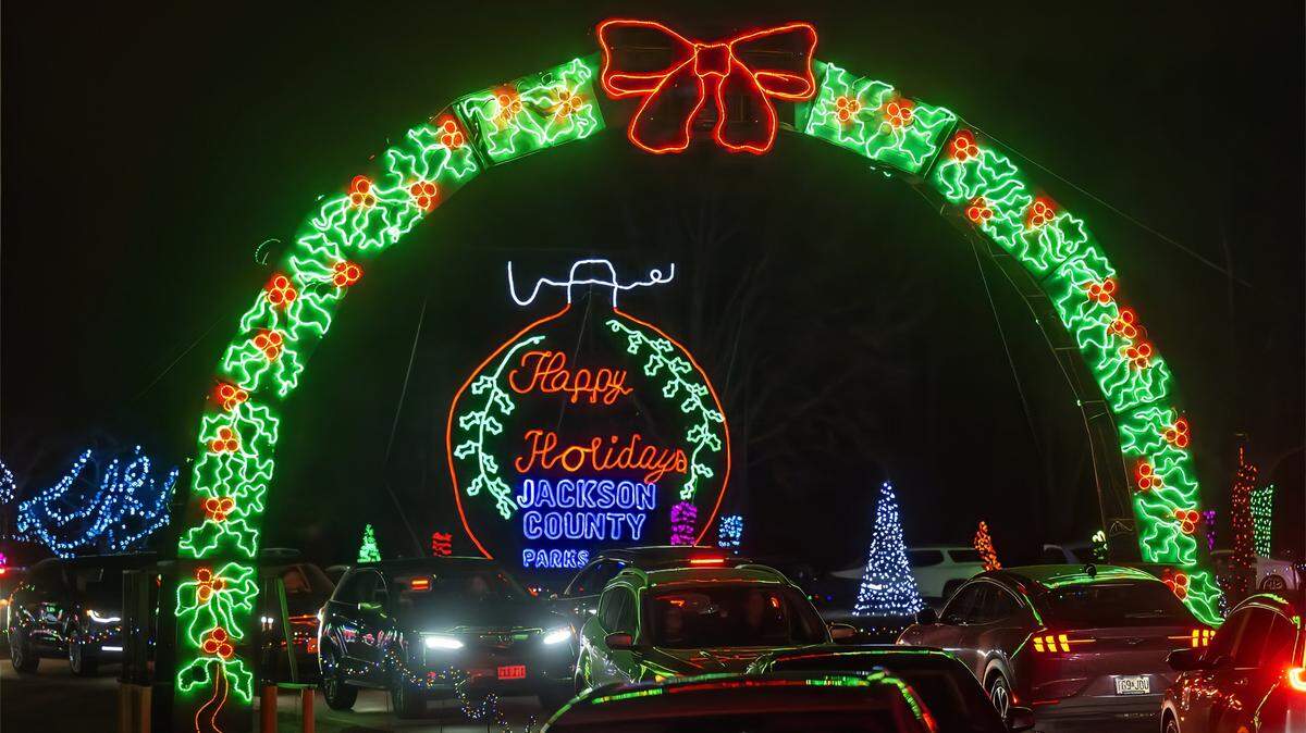 Vehicles snake through Christmas in the Park, a huge, free drive-thru light show on Wednesday, Dec. 10, 2025, at Longview Lake in Kansas City. The display, staged by Jackson County Parks & Rec, features more than one million lights and over 200 animated displays. It is the 38th year for the popular display.