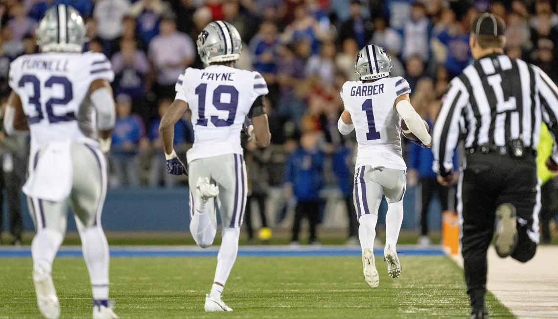 Kansas State Wildcats cornerback Keenan Garber (1) returns a blocked PAT attempt for a score during an NCAA college football game on Saturday, Nov. 18, 2023, in Lawrence, Kan.