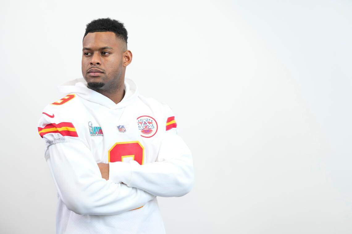 Kansas City Chiefs wide receiver JuJu Smith-Schuster poses for a portrait at NFL football Super Bowl 57 opening night, Monday, Feb. 6, 2023, in Phoenix. The Kansas City Chiefs will play the Philadelphia Eagles on Sunday, Feb. 12.