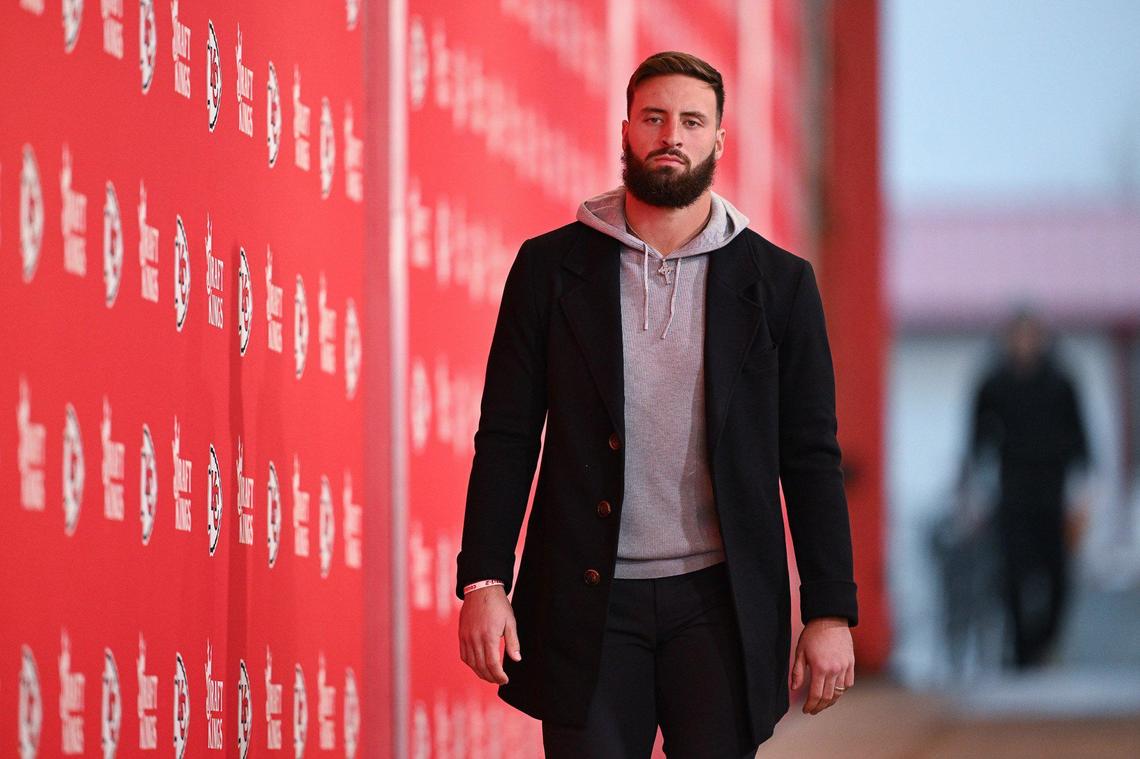 Kansas City Chiefs tight end Noah Gray arrives before the Chiefs’ game with the Los Angeles Chargers on Sunday, Dec. 8, 2024, at GEHA Field at Arrowhead Stadium.