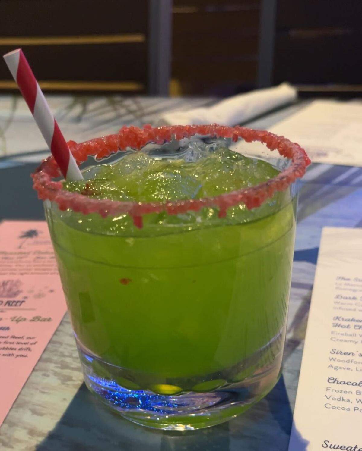 The Seasick Crocodile is made with melon and banana liquor, Margaritaville-branded coconut rum, orange and pineapple juice, topped with a pop-rocks covered rim. It’s on the menu at The Frosted Reef, the holiday pop-up bar inside LandShark Bar & Grill, 1491 N 98th Terrace in Kansas City, Kansas.