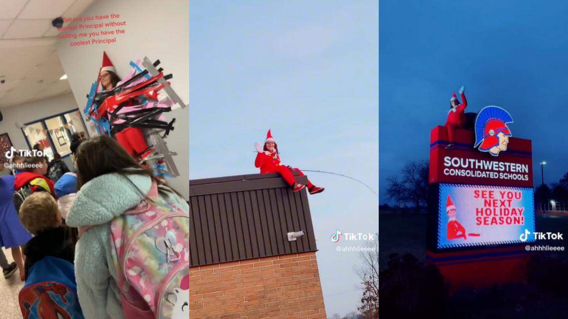 The principal at a Shelbyville school posed as a real-life ‘elf on the shelf,’ greeting students from a new spot every morning, video shows.