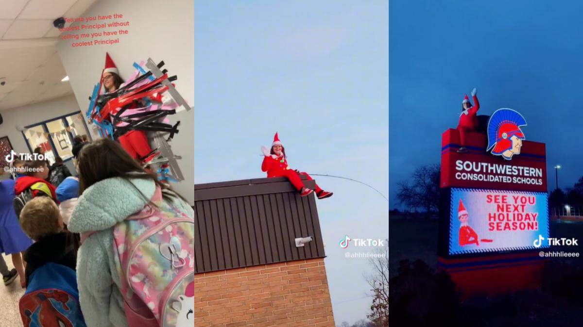 The principal at a Shelbyville school posed as a real-life ‘elf on the shelf,’ greeting students from a new spot every morning, video shows.